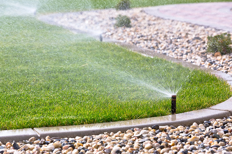 Sprinkler irrigation with stone ground cover.